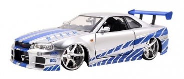 253203044 Brian's Nissan Skyline GT-R (R34) Silver with Blue Stripes - Fast & Furious 1:24